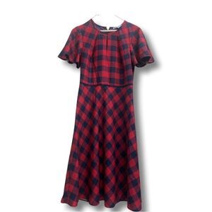 DRAPER JAMES | red navy blue tartan plaid fit and flare short sleeve dress 4